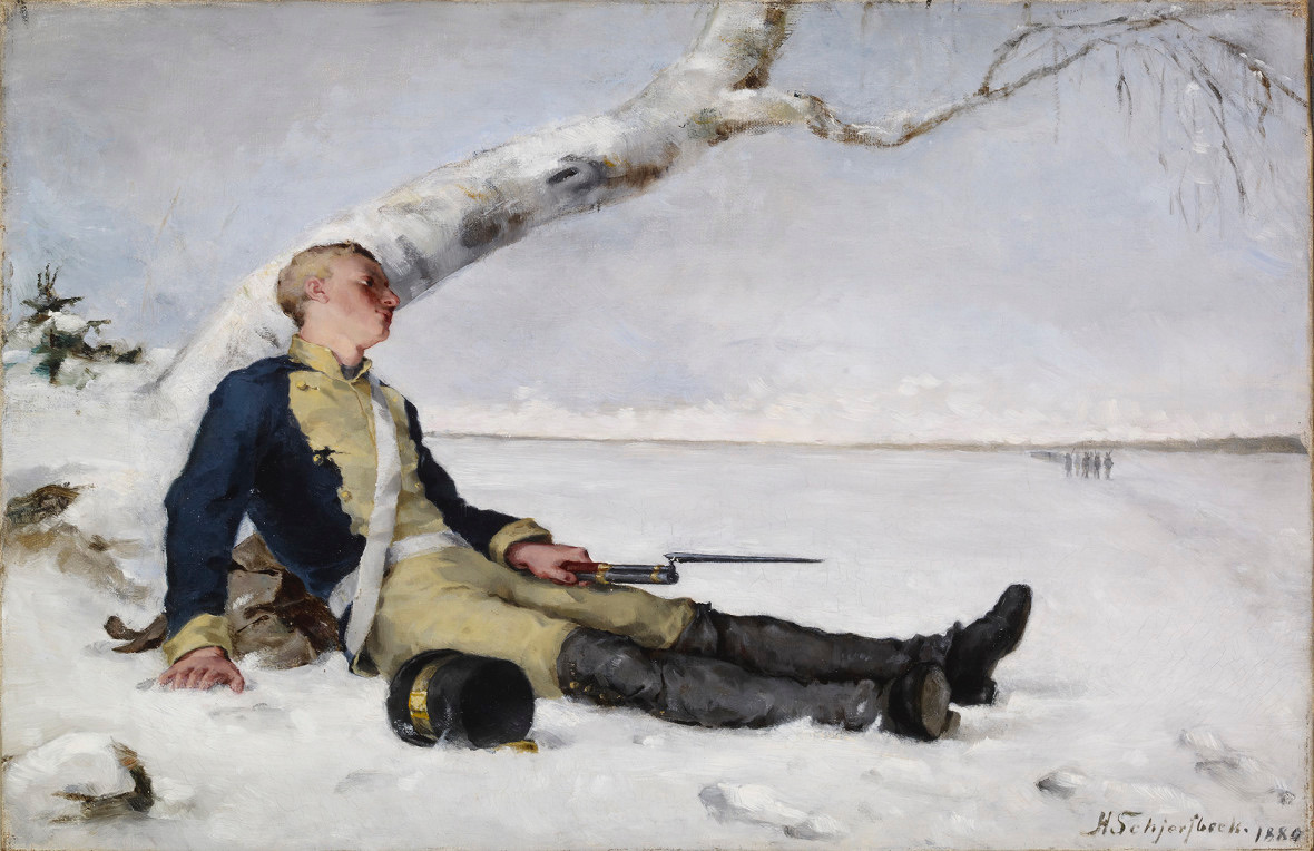 Helene Schjerfbeck. Haavoittunut soturi hangella (Wounded Warrior In The Snow), 39 × 59,5 cm, oil on canvas, 1880, Ateneum Art Museum/Finnish National Gallery (A I 221), Helsinki, Finland.