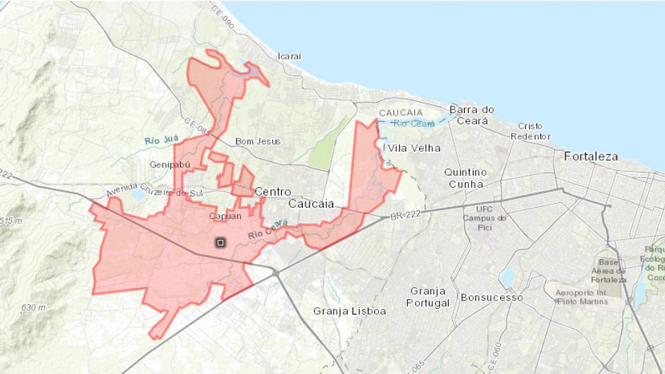 Terra Indígena Tapeba destacada em vermelho no mapa. Créditos: Reprodução/ISA (Instituto Socio Ambiental)