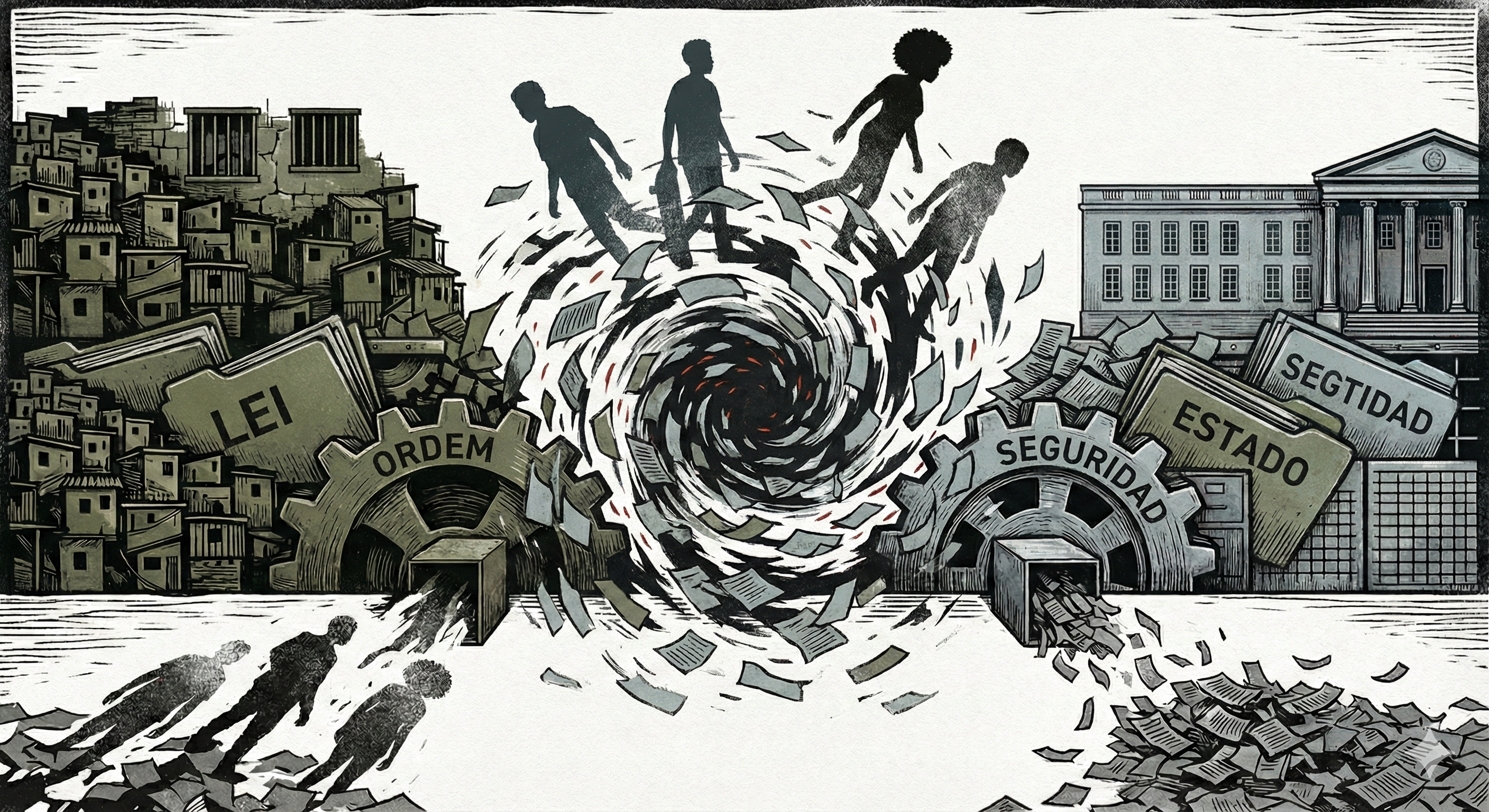 GOOGLE. [Xilografía que representa los sistemas de justicia, la seguridad pública y la juventud negra en el contexto brasileño y la juventud argentina]. 2025. 1 imagen generada por inteligencia artificial (Gemini). Disponible en: https://gemini.google.com/. Consultado el 10 de diciembre de 2025.