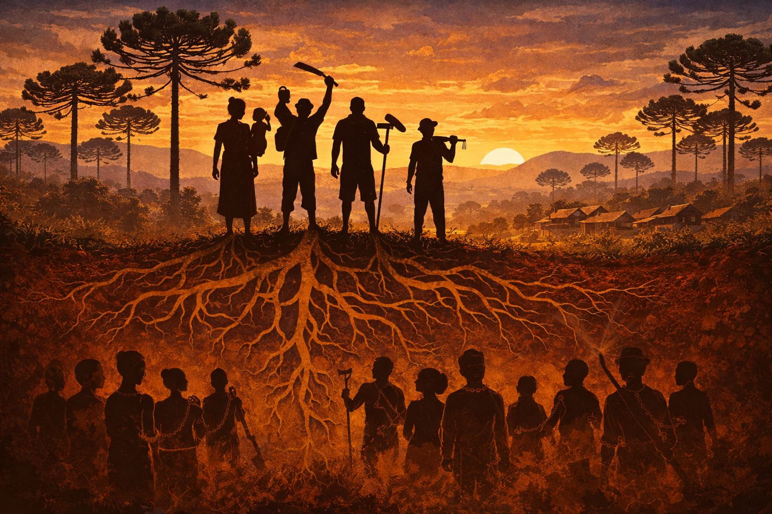 Imagen generada por IA. La imagen fue elegida por un expresidente de la Asociación Quilombola de Invernada dos Negros, interlocutor en la investigación de campo, porque evoca un período de lucha local por los derechos sobre la tierra.